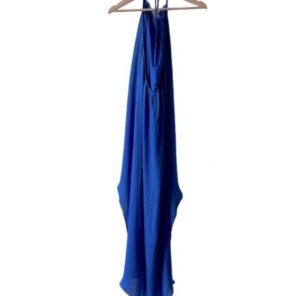 Blue silk halter dress size small high low backless colorblock flowy bohemian - Picture 4 of 8